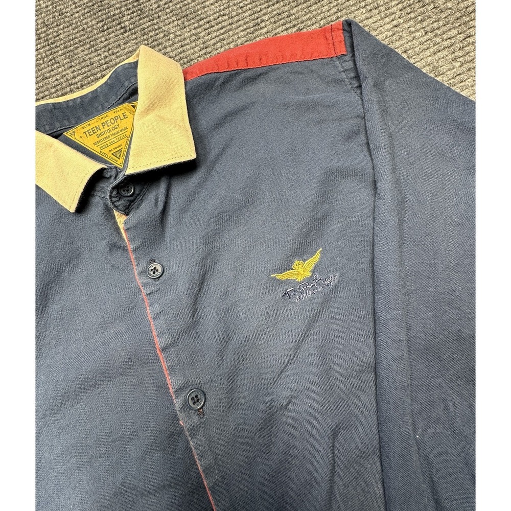 Teen People Shirt Mens Large Blue Colorblock Slim Fit Long Sleeve Button Front